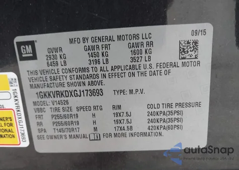 2016 GMC Acadia Slt-1 from USA, damaged, VIN 1GKKVRKDXGJ173693